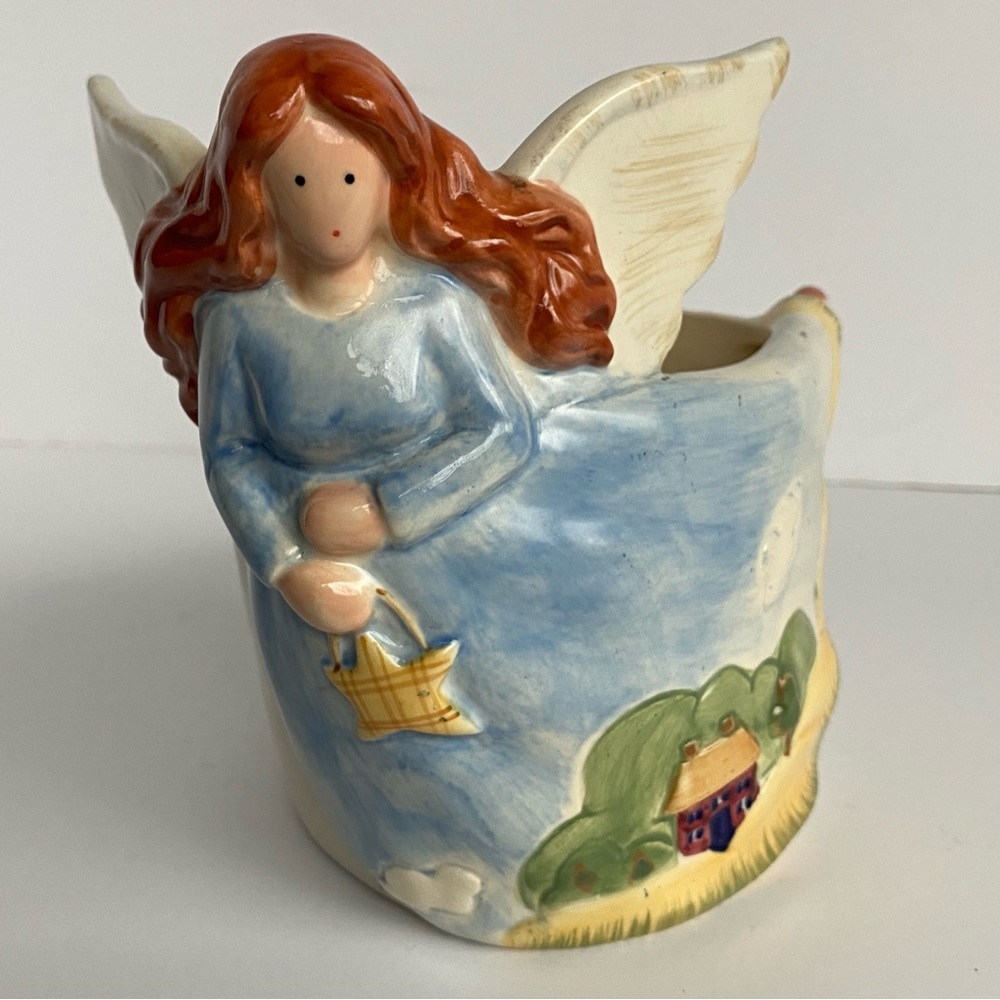 Angel Planter Candle Holder Russ Berrie ceramic star blue dress red hair 5.5”